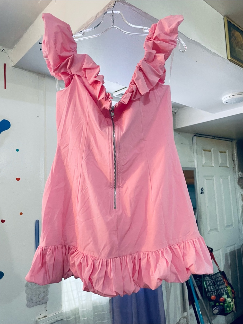 Pink Ruffled Mini Dress with Romantic Neckline - Picture 3 of 3